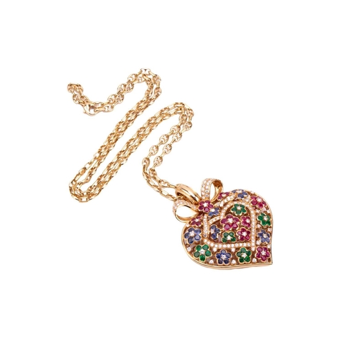 52 - A heart-shaped diamond, ruby, sapphire and emerald pendant necklace, the heart pendant measuring 63 ... 