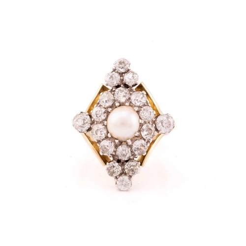 50 - A diamond and pearl cocktail ring, the lozenge panel centred with an off-round pearl of 8.0 mm with ... 