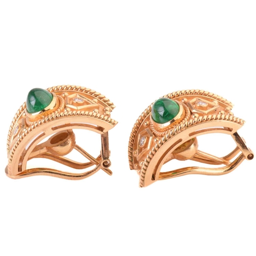 51 - A pair of emerald and diamond earrings, each set with a central cabochon emerald between round brill... 