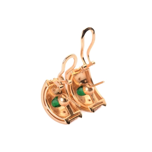 51 - A pair of emerald and diamond earrings, each set with a central cabochon emerald between round brill... 