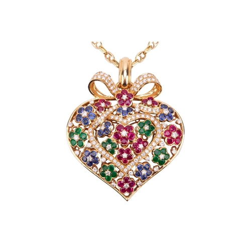 52 - A heart-shaped diamond, ruby, sapphire and emerald pendant necklace, the heart pendant measuring 63 ... 