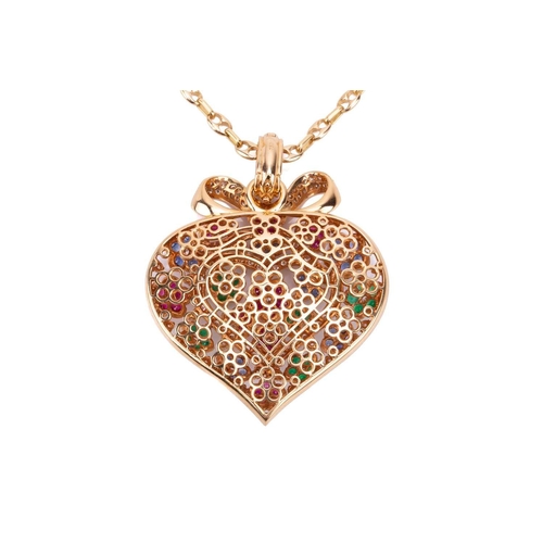 52 - A heart-shaped diamond, ruby, sapphire and emerald pendant necklace, the heart pendant measuring 63 ... 