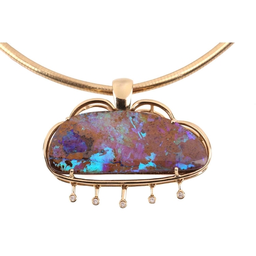 54 - An opal and diamond pendant necklace, the pendant is designed as a cloud set with a boulder opal mea... 