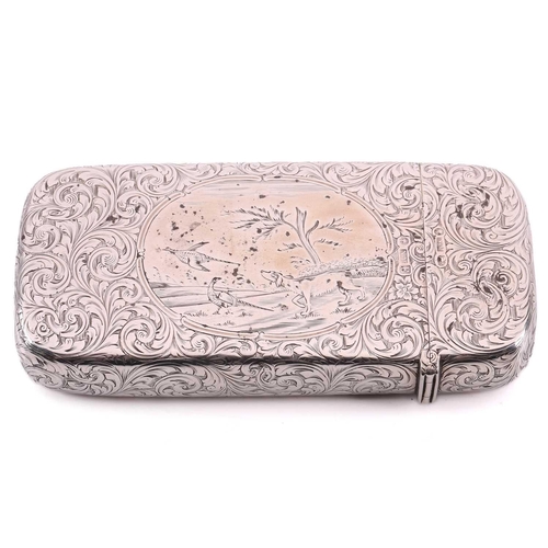 567 - A Victorian silver cigar case, with an allover foliate scroll design and panel depicting a hunting d... 