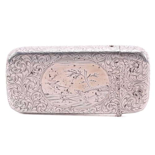 567 - A Victorian silver cigar case, with an allover foliate scroll design and panel depicting a hunting d... 