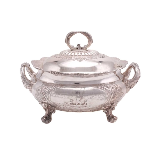 573 - An unusual Victorian Scottish soup tureen and cover of fishing Interest. Oval, the part-fluted domed... 