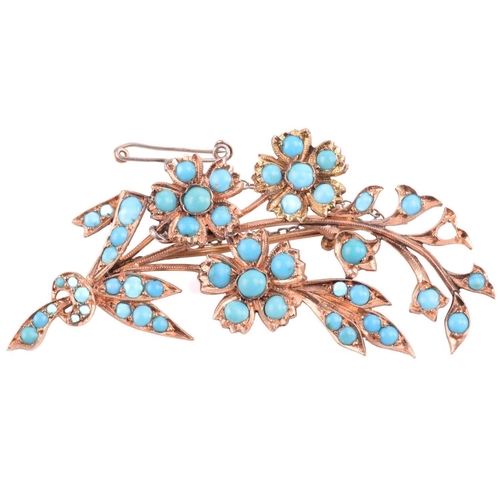 59 - A turquoise floral brooch designed as a spray of flowers, set throughout with cabochon turquoise (on... 