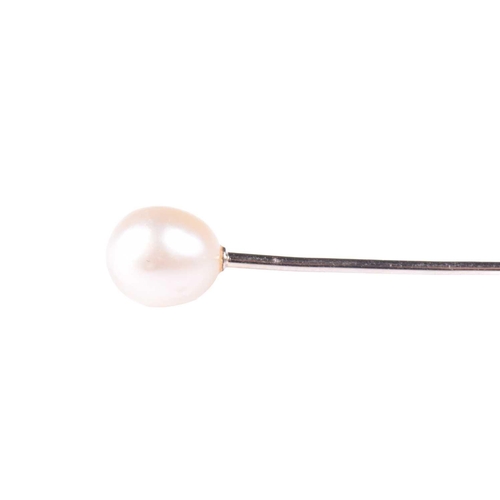 62 - A cultured pearl stick pin, a Victorian seed pearl mourning brooch, marked 9ct to the reverse, a fur... 