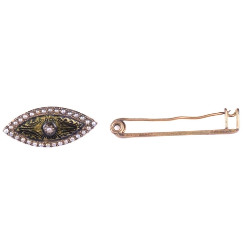 62 - A cultured pearl stick pin, a Victorian seed pearl mourning brooch, marked 9ct to the reverse, a fur... 