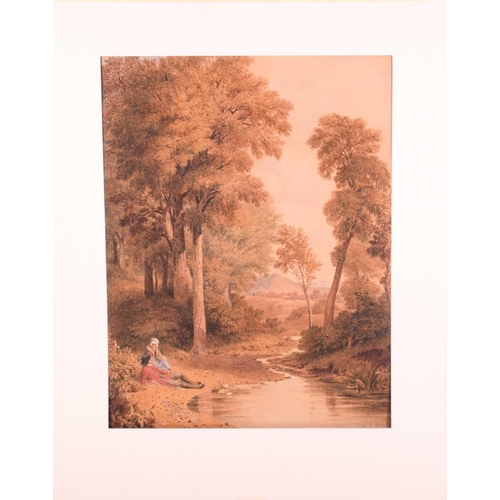 16 - Attributed to Francis Stevens (1781-1823), Couple seated by a stream, unsigned, watercolour, inscrib... 