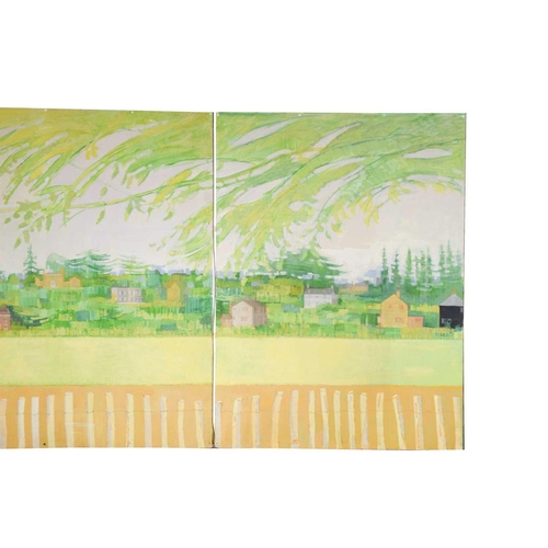 18 - † Roger de Grey (1918-1995), Triptych landscape with houses, unsigned, oil on three boards, 165 x 36... 