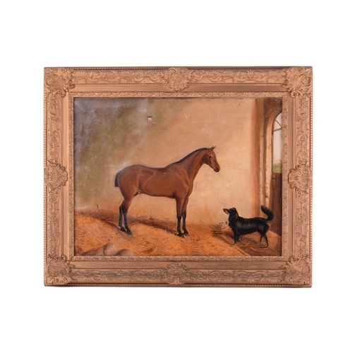 26 - Manner of Charles Edwin Baldock (1876 - 1941), racehorse in a stable with two dogs, unsigned, oil on... 