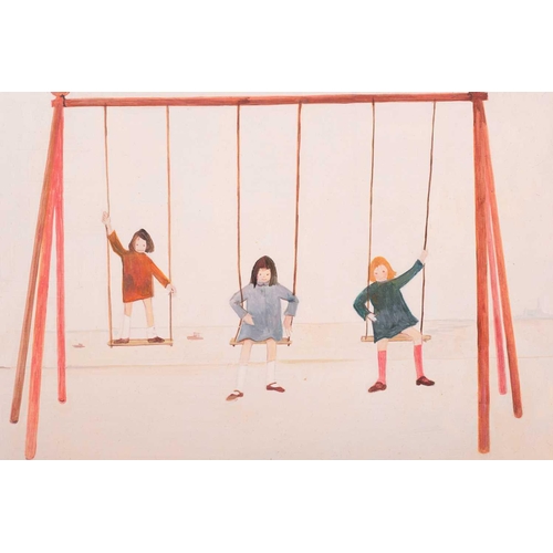 30 - † Janet Ledger (b.1931) British, three children on a set of swings with the sea behind them and an i... 