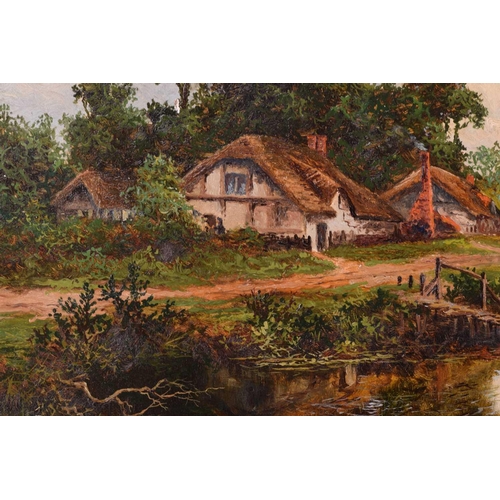 32 - Manner of Benjamin Williams Leader (1831- 1923), Thatched cottages by a pond, unsigned, oil on canva... 