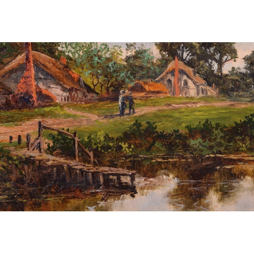 32 - Manner of Benjamin Williams Leader (1831- 1923), Thatched cottages by a pond, unsigned, oil on canva... 