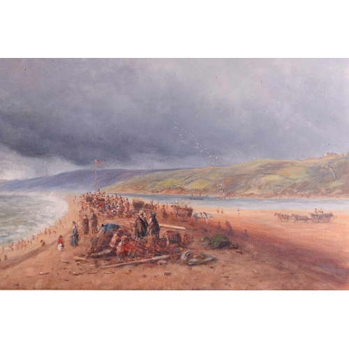 35 - 19th Century British School, Figures at a coastal shipwreck, unsigned, oil on canvas, 45.5 x 81 cm, ... 