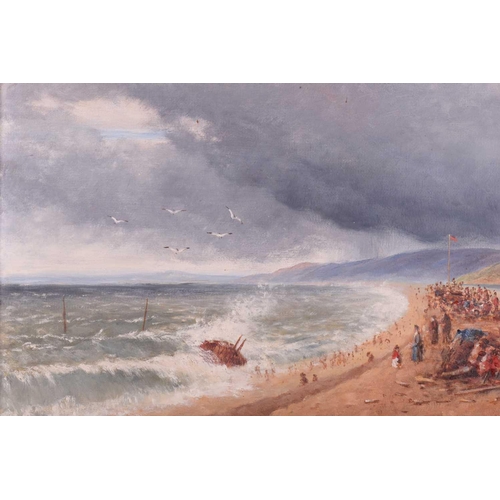 35 - 19th Century British School, Figures at a coastal shipwreck, unsigned, oil on canvas, 45.5 x 81 cm, ... 