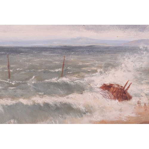 35 - 19th Century British School, Figures at a coastal shipwreck, unsigned, oil on canvas, 45.5 x 81 cm, ... 
