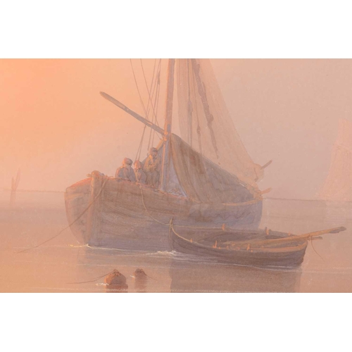 37 - J. Isabey (18th/19th century) French, figures on rock beside a fishing boat at sunset, watercolour, ... 