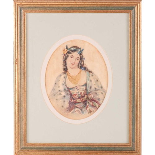 39 - Sarah W. Biffin (1784 - 1850), half-length oval portrait of a lady with flowers in her hair and wear... 