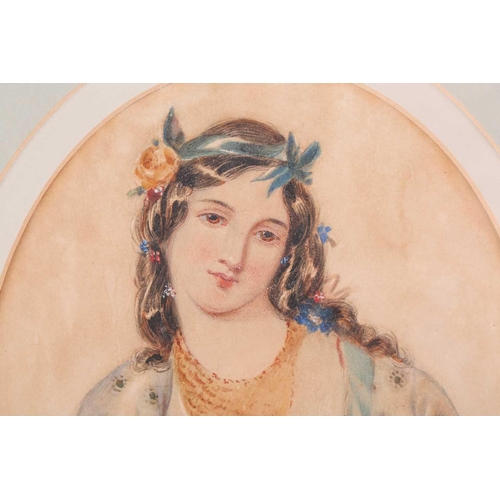 39 - Sarah W. Biffin (1784 - 1850), half-length oval portrait of a lady with flowers in her hair and wear... 