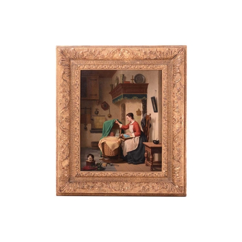 41 - Charles Joseph Grips (Belgian, 1825 – 1920) “Tending to her baby”, signed, oil on panel, 37cm x 29.5... 