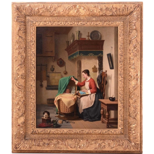 41 - Charles Joseph Grips (Belgian, 1825 – 1920) “Tending to her baby”, signed, oil on panel, 37cm x 29.5... 