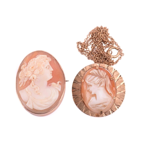 101 - Two shell cameo brooches and a ladies wristwatch, the watch stamped '375' to case back, with strap m... 
