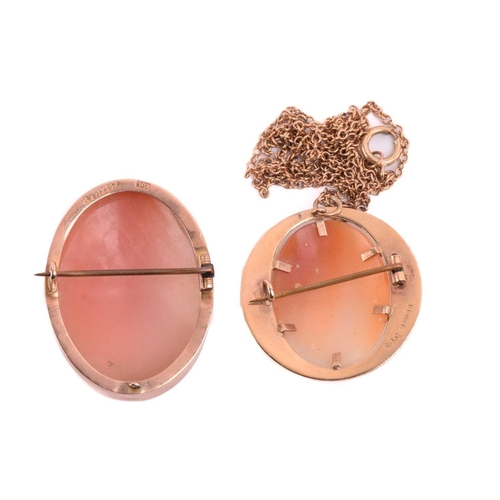 101 - Two shell cameo brooches and a ladies wristwatch, the watch stamped '375' to case back, with strap m... 