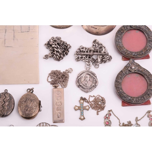 106 - A collection of miscellaneous silver and white metal items, including a hallmarked silver medal on a... 