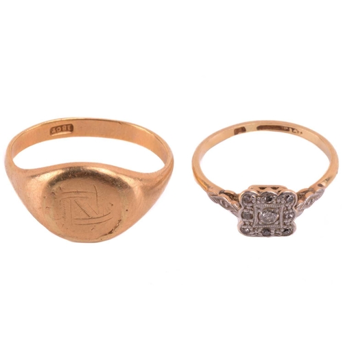 113 - Three items of jewellery; a diamond cluster ring, the square cluster set with brilliant cut and sing... 