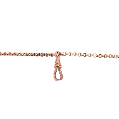 31 - A long guard chain composed of belcher links and elongated intervals, suspending a snap hook clasp, ... 