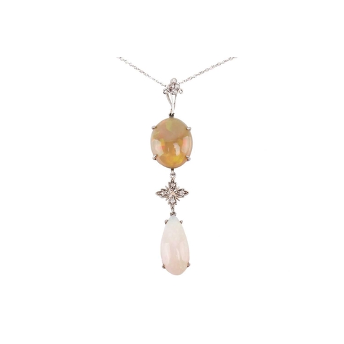 5 - An opal and diamond pendant set with a yellow-brown fire opal suspending a floral motif set with ros... 