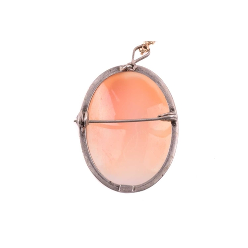 56 - A shell cameo brooch measuring 33 x 25mm in white metal marked '800', on a gold chain with hallmarks... 