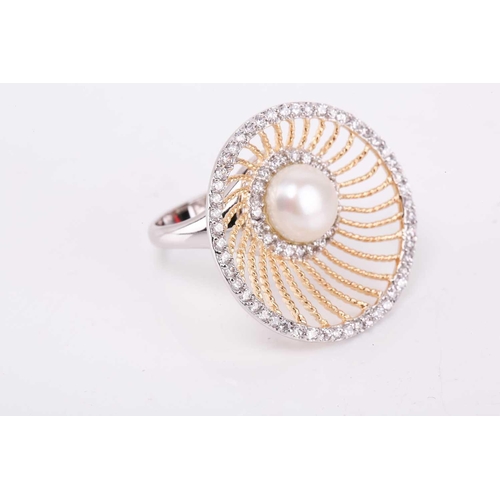61 - A silver and silver gilt necklace with earrings and ring en suite; of swirling rope twist wirework d... 