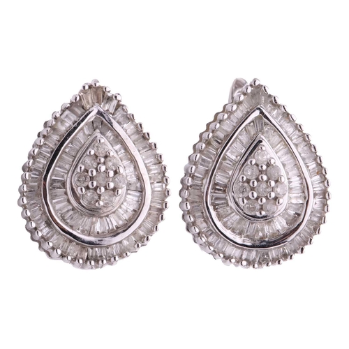 63 - A collection of three pairs of earrings and a ring, including a pair of diamond drop shape cluster e... 