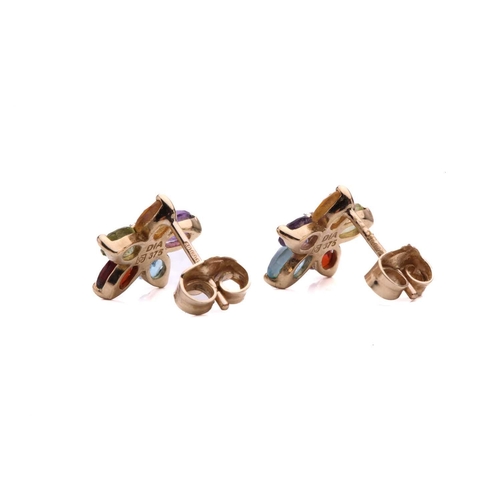 63 - A collection of three pairs of earrings and a ring, including a pair of diamond drop shape cluster e... 