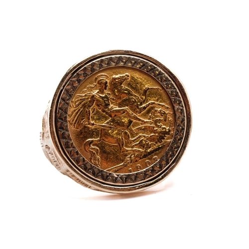 74 - A collection of jewellery, including a half sovereign ring, the Edward VII 1908 gold half sovereign ... 