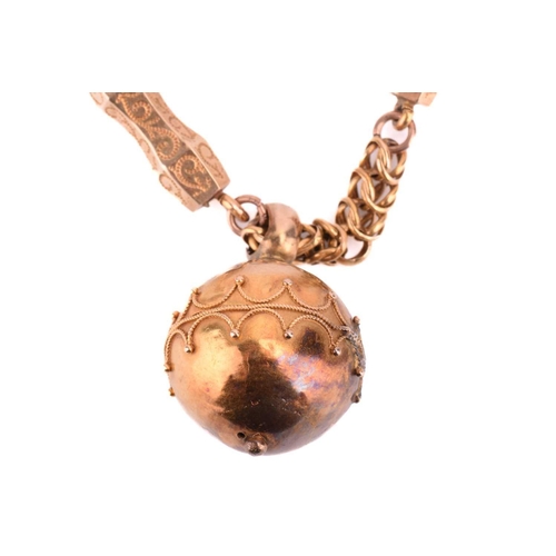 76 - An Etruscan Revival necklace, centred with a sphere pendant with twisted cable work and bead details... 