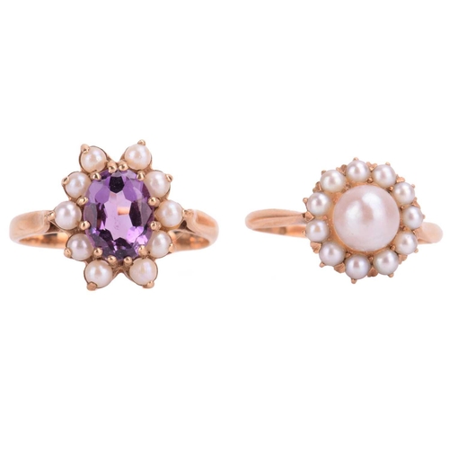 84 - A two gem-set dress rings and a foliate single stone brooch; to include a Mikimoto pearl cluster rin... 