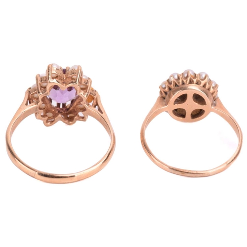 84 - A two gem-set dress rings and a foliate single stone brooch; to include a Mikimoto pearl cluster rin... 