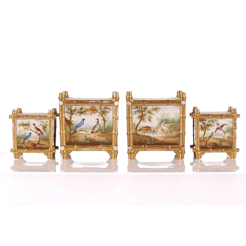 118 - A pair of French painted porcelain square cache pots and stands, together with a pair of larger simi... 