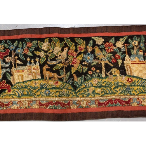 120 - A needlework runner, possibly 18th century and later, the scene in petite and gross point, 120 cm x ... 