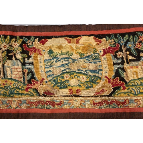 120 - A needlework runner, possibly 18th century and later, the scene in petite and gross point, 120 cm x ... 