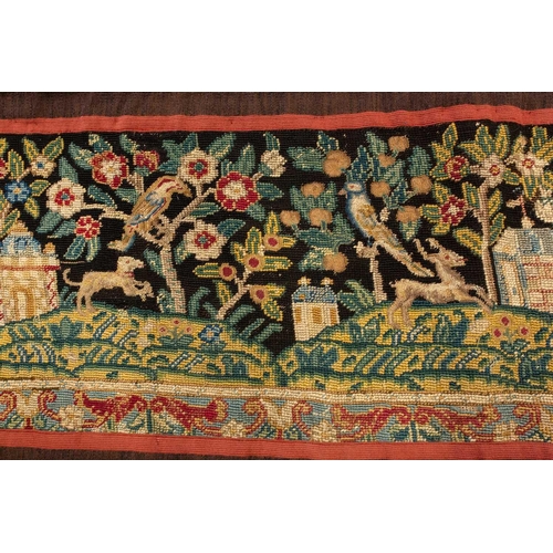 120 - A needlework runner, possibly 18th century and later, the scene in petite and gross point, 120 cm x ... 