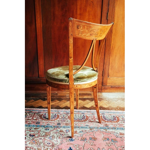 123 - A 19th-century Dutch marquetry single chair, with circular green-upholstered seat, 90 cm high x 45 c... 