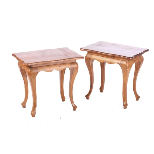 150 - A pair of small French brown rectangular oak side tables with cabriole legs, 57 cm x 38 cm x 53 cm o... 