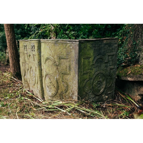 157 - An early 18th century very large lead rectangular cistern, of shaped form with embossed decoration a... 