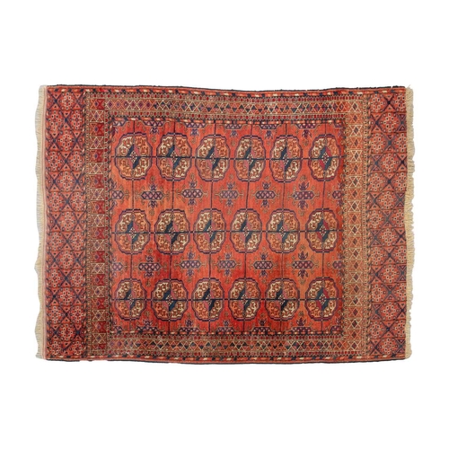 160 - An 'old country house' madder red Afghan prayer rug,110 cm x 83 cm, together with other Turkoman rug... 