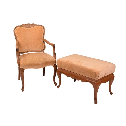 168 - A continental Birchwood open armchair or fauteuil, the shaped upholstered back with foliate scroll c... 